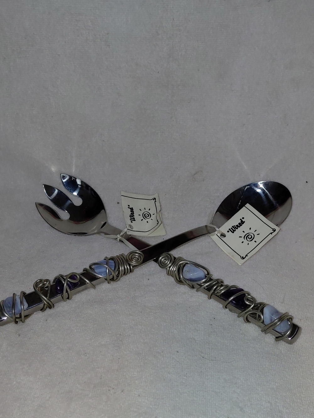 Whimsical Wire-Wrapped Stone Salad Serving Set - Silver Tone
